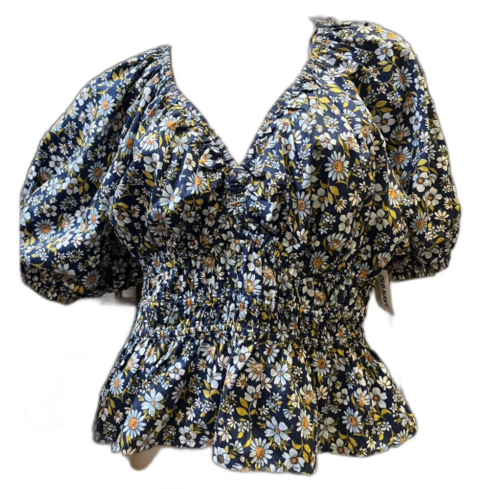 OLD NAVY Smocked V-Neck Peplum Top Blue Ditsy Floral Print Puff Sleeves Sz M NWT - Picture 2 of 8
